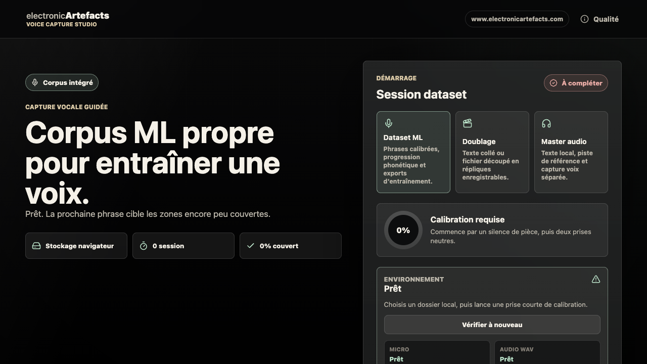 Écran live de capture Voice Capture Studio montrant les modes Dataset ML, Doublage et Master audio.