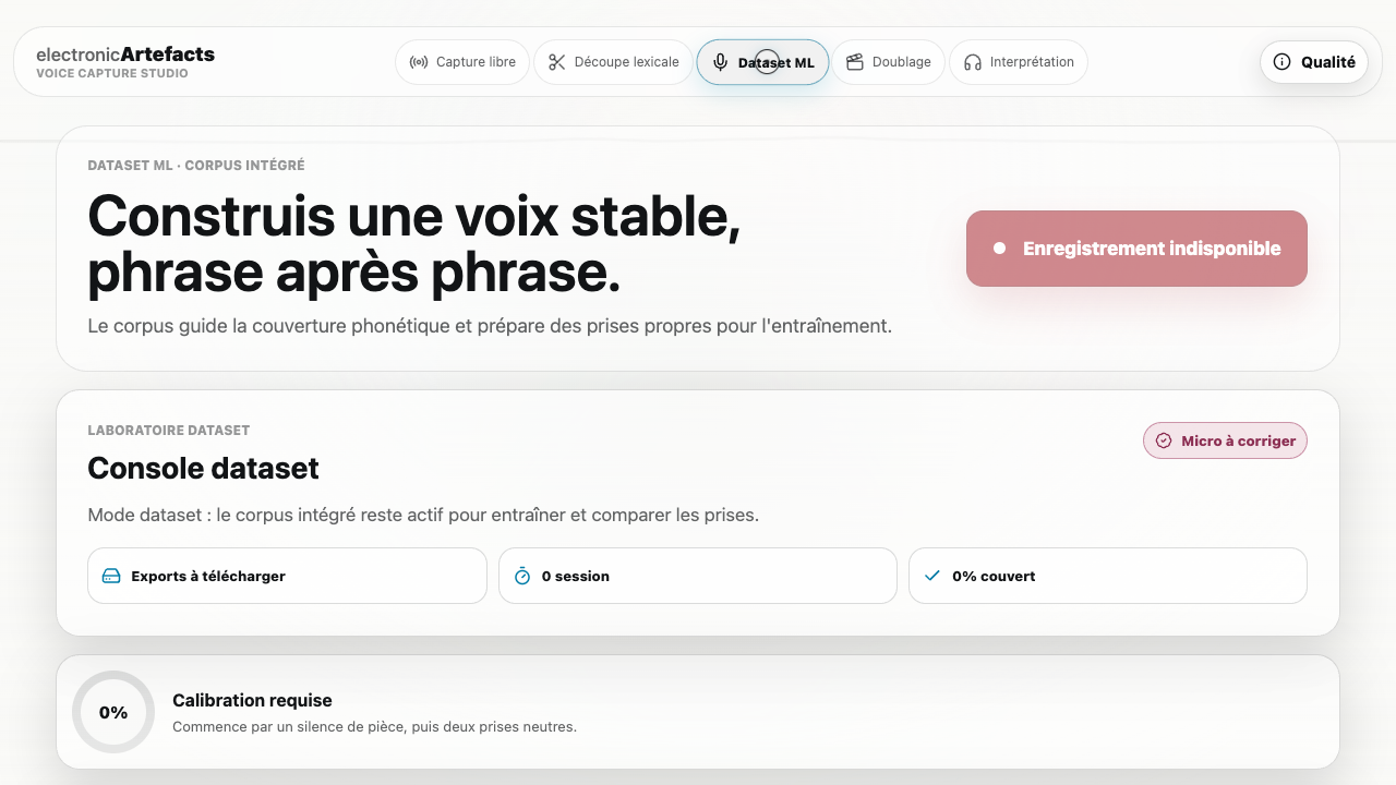 Console Dataset ML actuelle avec couverture du corpus, calibration et vérification des capacités.