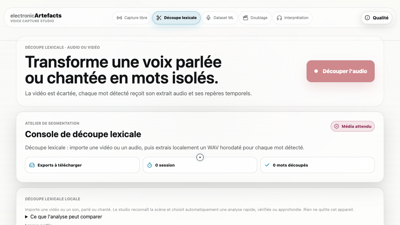 Interface actuelle de Voice Capture Studio montrant les cinq modes et la console locale de découpe lexicale.