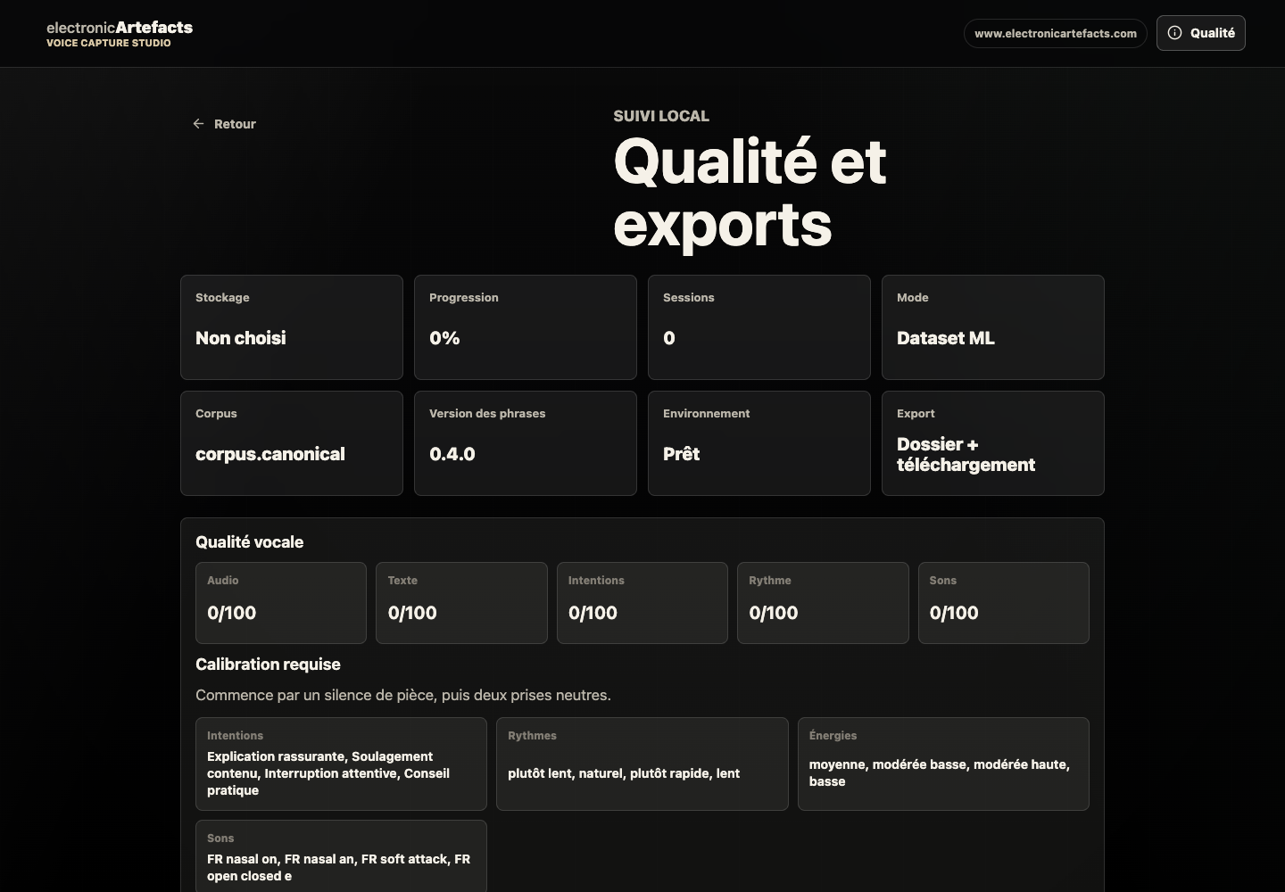 Écran qualité et exports de Voice Capture Studio.